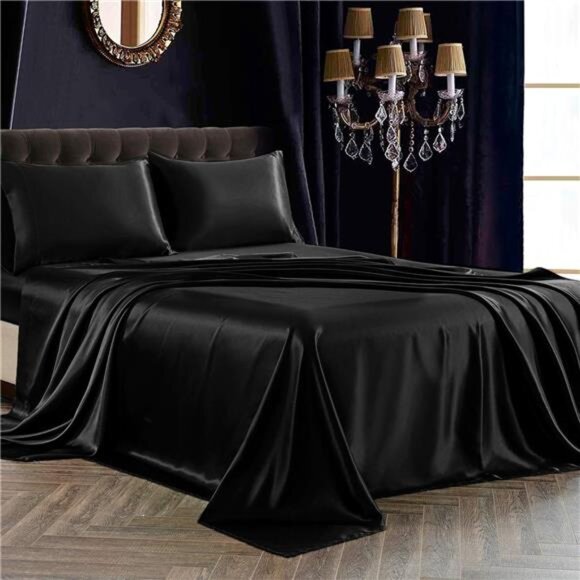 4Pcs Satin Sheet Set Queen Size Ultra Silky Soft Black Satin Queen Bed Sheets - Picture 2 of 7